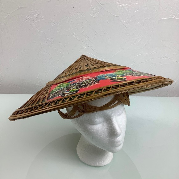 VTG Asian Wicker Bamboo Hat hand painted Gardening Beach Field Handmade SZ OSFM - Picture 4 of 12